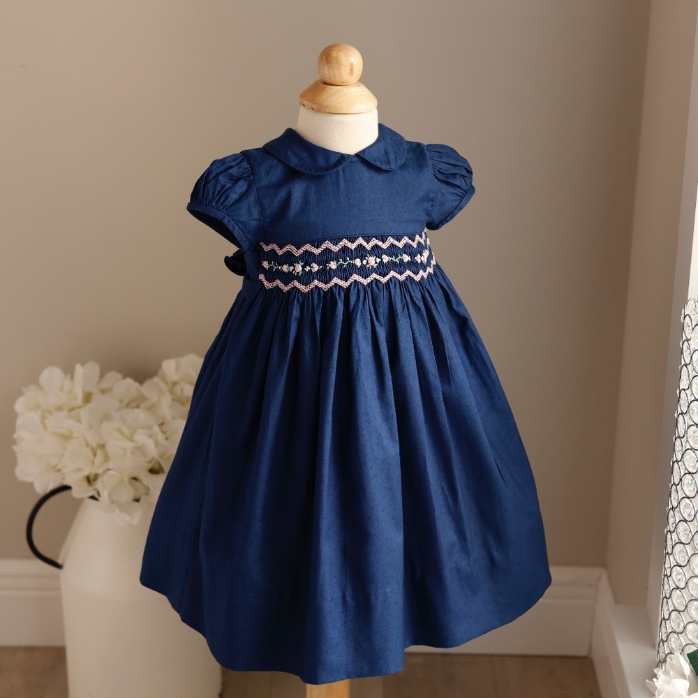 Strasburg Smocked Dress Navy Pink Embroidery Accents Cotton Size 3 Months New
